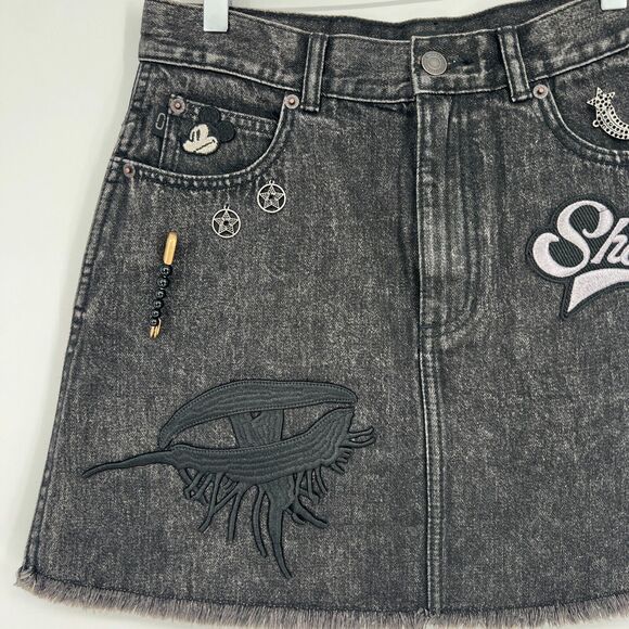Marc Jacobs Denim Skirt Womens 29 Punk Patches Embroidered Black Goth Grunge - Picture 3 of 9